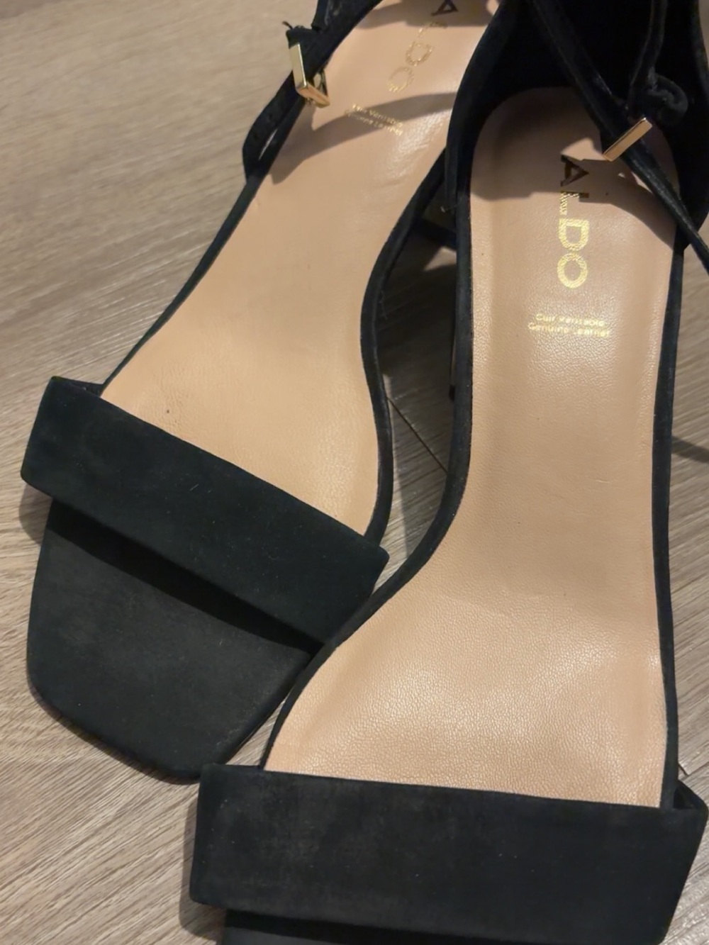 Aldo Black Suede Square-Toe Ankle-Strap Block Heels